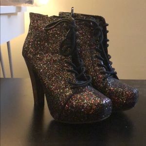 Sparkly chunky heel booties